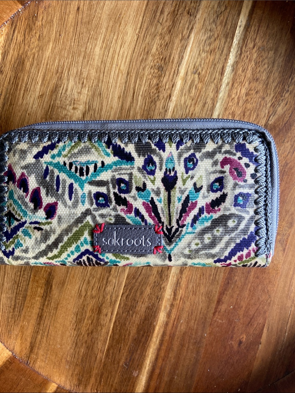 Sakroots Multicolor Boho Zip Card Wallet in Teal, Purple & Navy